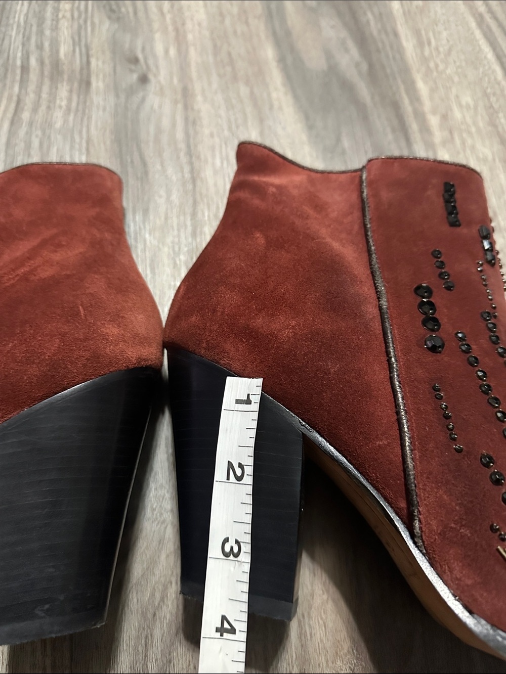 Donald J. Pliner Rust Suede Embellished Ankle Boots with Gold Toe - Picture 9 of 12